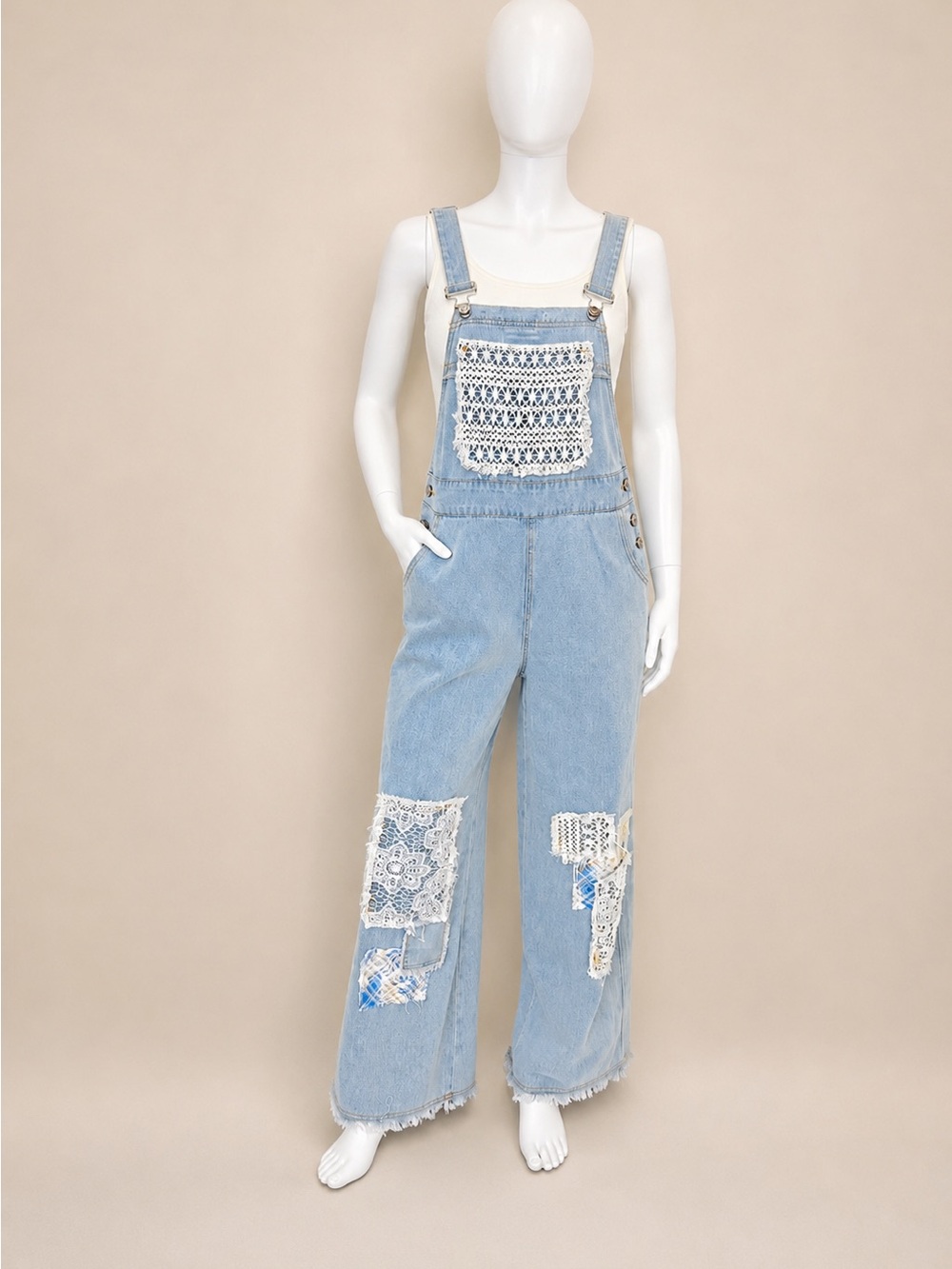 POL Light Blue Denim Overalls with Crochet Patchwork